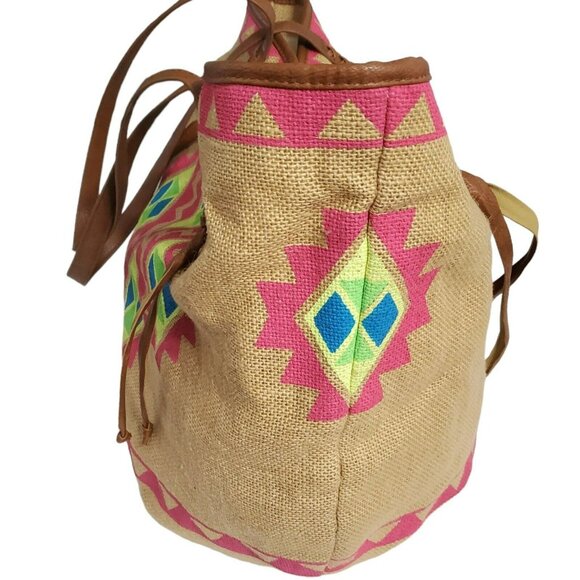 Billabong Boho Tote Beach Bag Southwest Purse Aztec Burlap Lined Hobo Tan Pink - Picture 14 of 16